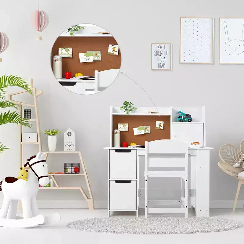 CuisinSmart Kids Desk and Chair Set, Wooden Study Table with Storage Shelf, Bulletin Board for Children 3-8