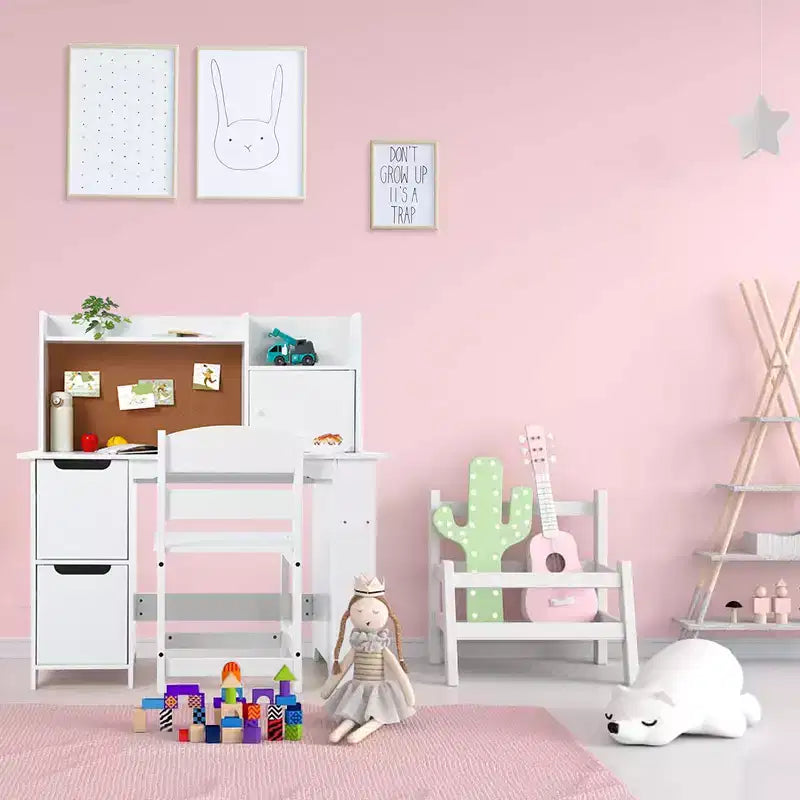 CuisinSmart Kids Desk and Chair Set, Wooden Study Table with Storage Shelf, Bulletin Board for Children 3-8