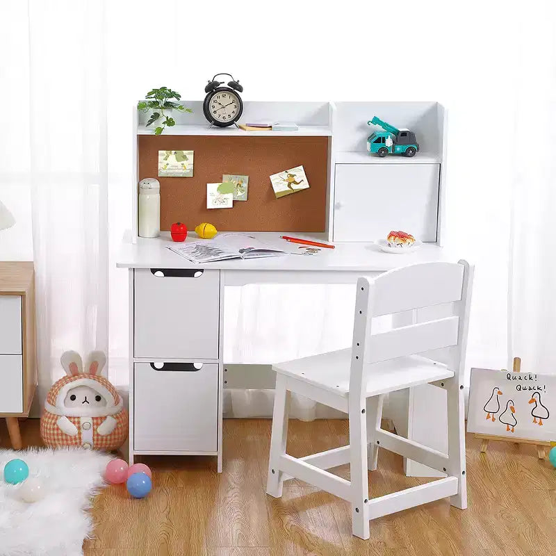 CuisinSmart Kids Desk and Chair Set, Wooden Study Table with Storage Shelf, Bulletin Board for Children 3-8