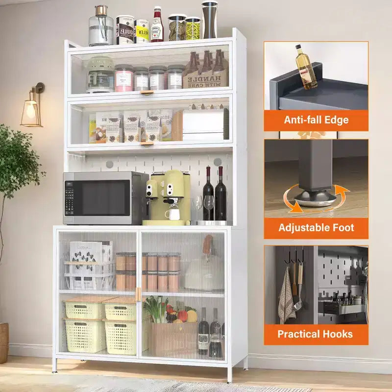 73Tall Kitchen Pantry Cabinet 6 Level Flip Door with Pegboard Metal Pantry Storage Cabinet Anti-Tip Design Hutch for Kitchen Dining Room