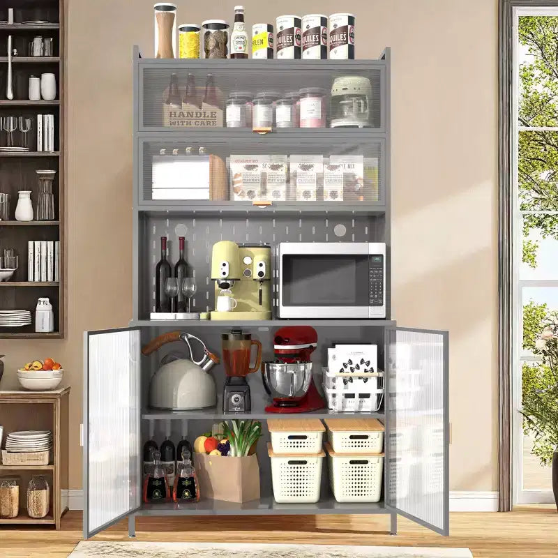 73Tall Kitchen Pantry Cabinet 6 Level Flip Door with Pegboard Metal Pantry Storage Cabinet Anti-Tip Design Hutch for Kitchen Dining Room