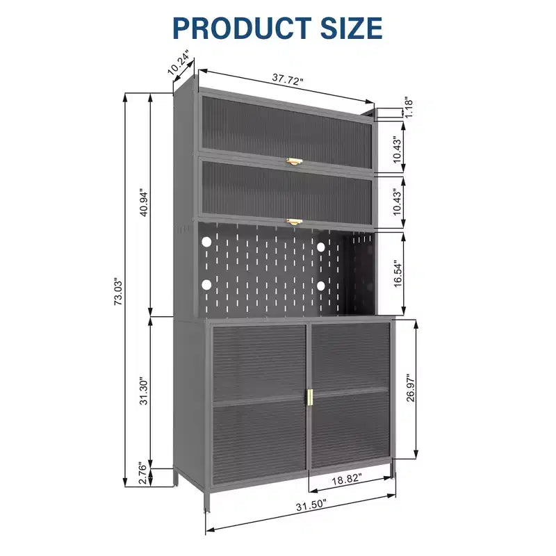 73Tall Kitchen Pantry Cabinet 6 Level Flip Door with Pegboard Metal Pantry Storage Cabinet Anti-Tip Design Hutch for Kitchen Dining Room