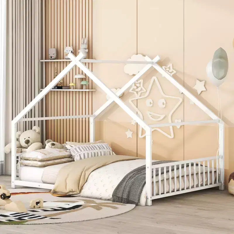 Bellemave House Platform Bed Full Size, Full Size House Bed with Headboard, Footboard and Slats Support,White