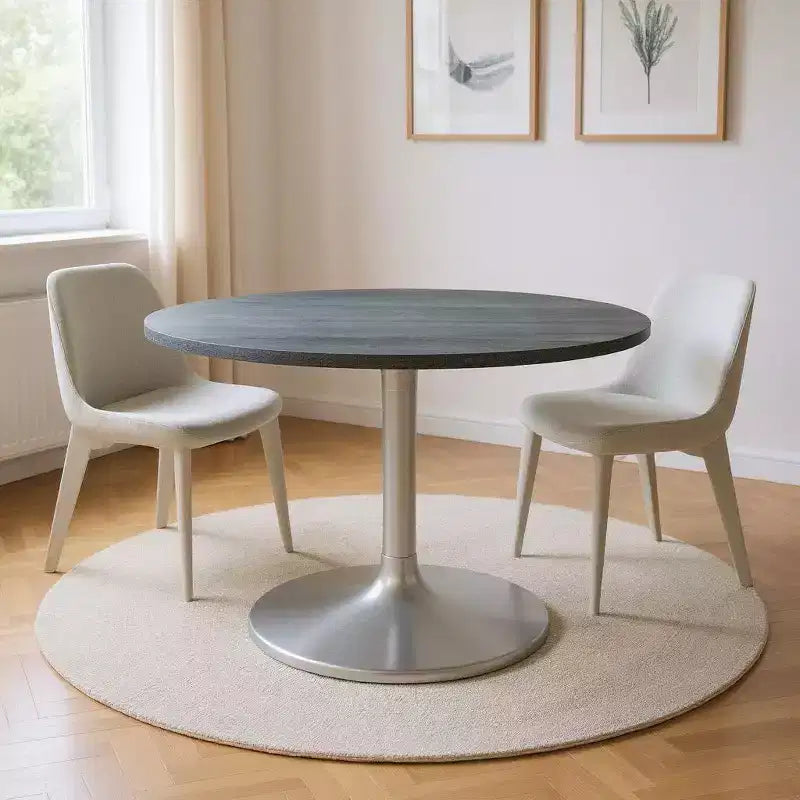 HomeRoots 60 Gray and Silver Marble and Aluminum Pedestal Base Round Top Dining Table