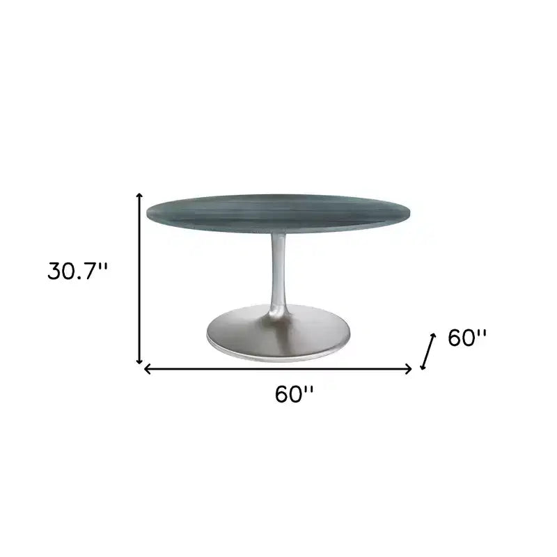 HomeRoots 60 Gray and Silver Marble and Aluminum Pedestal Base Round Top Dining Table