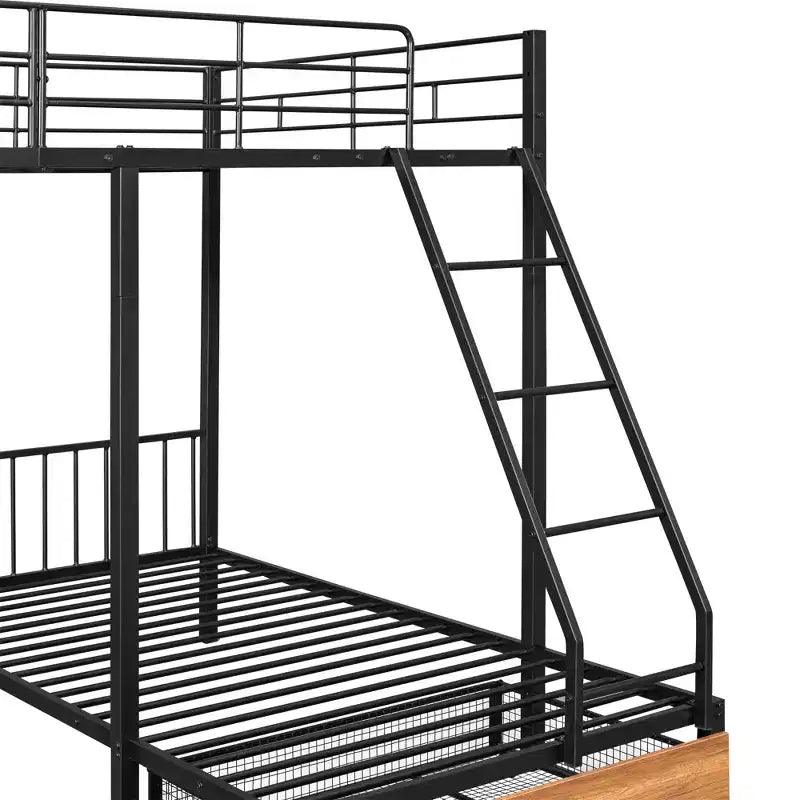 Full over Twin & Twin Bunk Bed Frame for 3 Kids, L Shaped Metal Triple Bunk Bed with Drawers and Guardrails