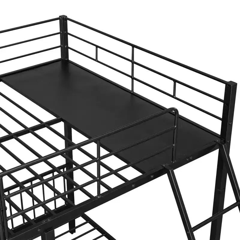 Full over Twin & Twin Bunk Bed Frame for 3 Kids, L Shaped Metal Triple Bunk Bed with Drawers and Guardrails