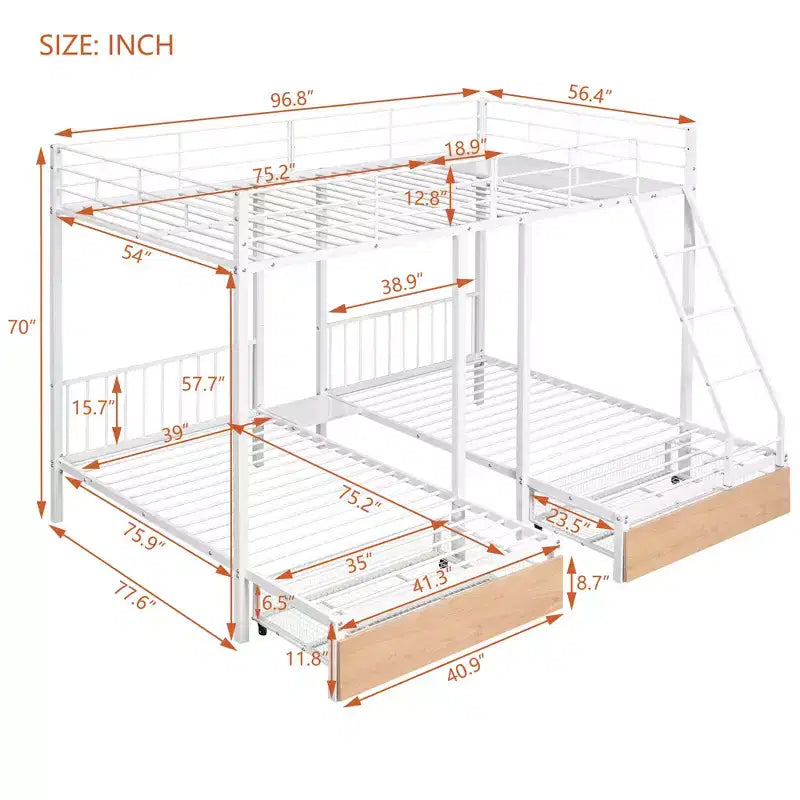 Full over Twin & Twin Bunk Bed Frame for 3 Kids, L Shaped Metal Triple Bunk Bed with Drawers and Guardrails