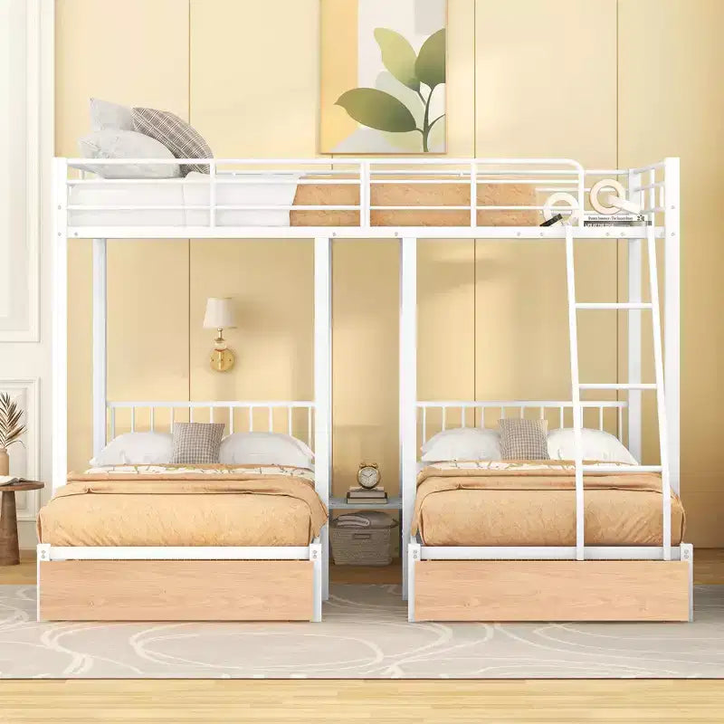 Full over Twin & Twin Bunk Bed Frame for 3 Kids, L Shaped Metal Triple Bunk Bed with Drawers and Guardrails