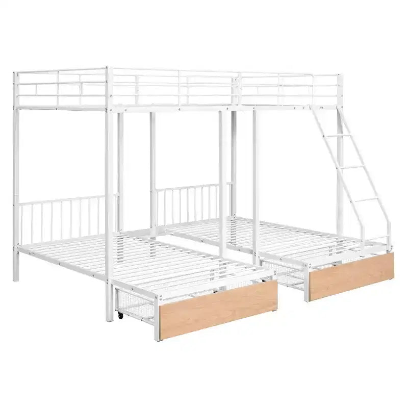 Full over Twin & Twin Bunk Bed Frame for 3 Kids, L Shaped Metal Triple Bunk Bed with Drawers and Guardrails