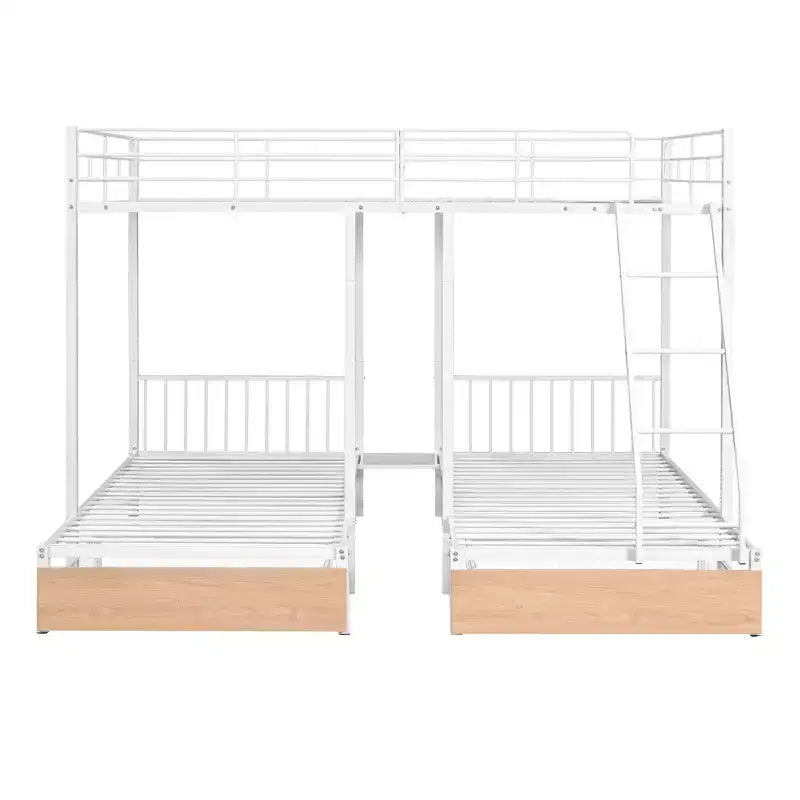 Full over Twin & Twin Bunk Bed Frame for 3 Kids, L Shaped Metal Triple Bunk Bed with Drawers and Guardrails