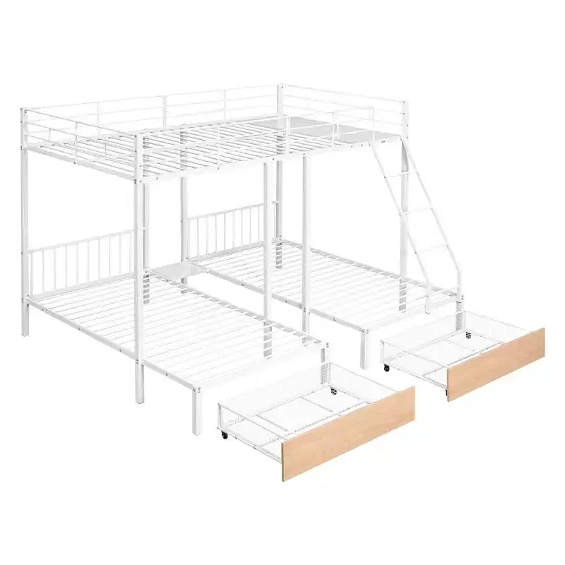 Full over Twin & Twin Bunk Bed Frame for 3 Kids, L Shaped Metal Triple Bunk Bed with Drawers and Guardrails