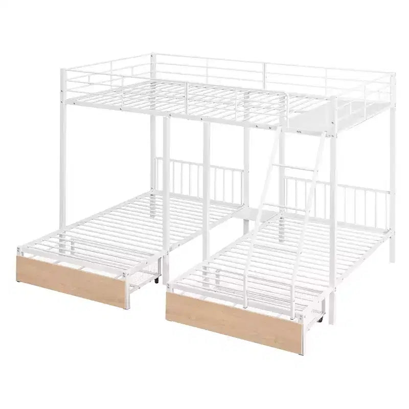 Full over Twin & Twin Bunk Bed Frame for 3 Kids, L Shaped Metal Triple Bunk Bed with Drawers and Guardrails