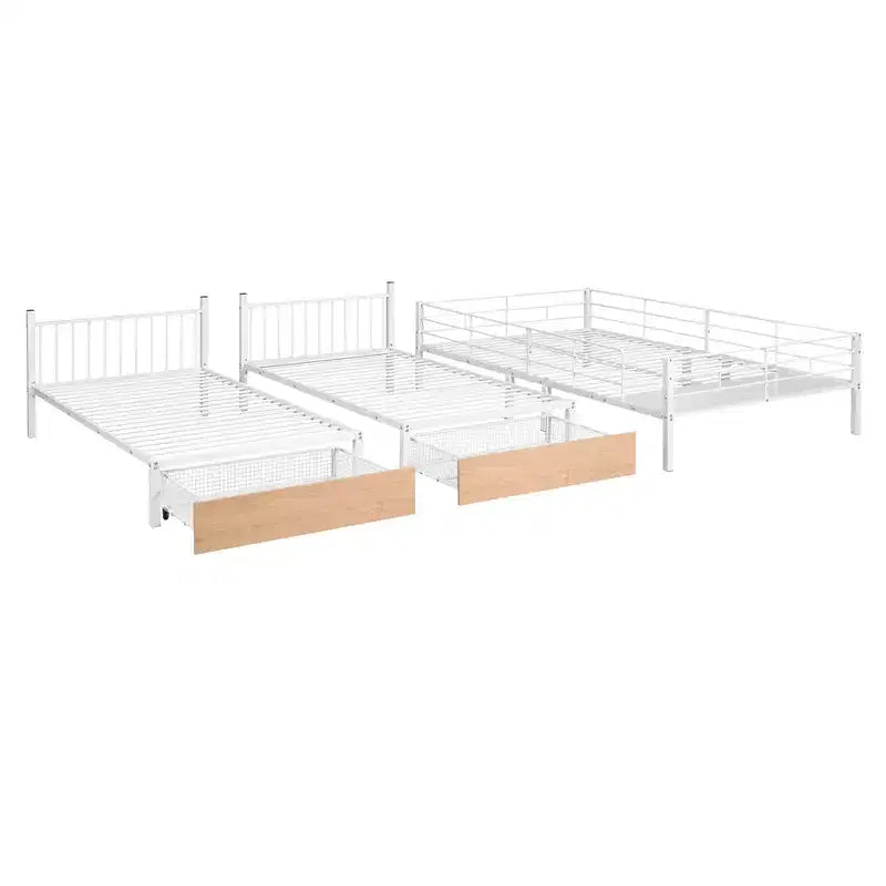 Full over Twin & Twin Bunk Bed Frame for 3 Kids, L Shaped Metal Triple Bunk Bed with Drawers and Guardrails