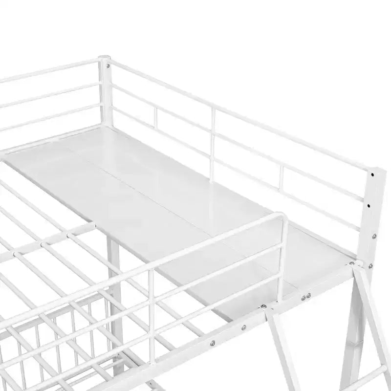 Full over Twin & Twin Bunk Bed Frame for 3 Kids, L Shaped Metal Triple Bunk Bed with Drawers and Guardrails