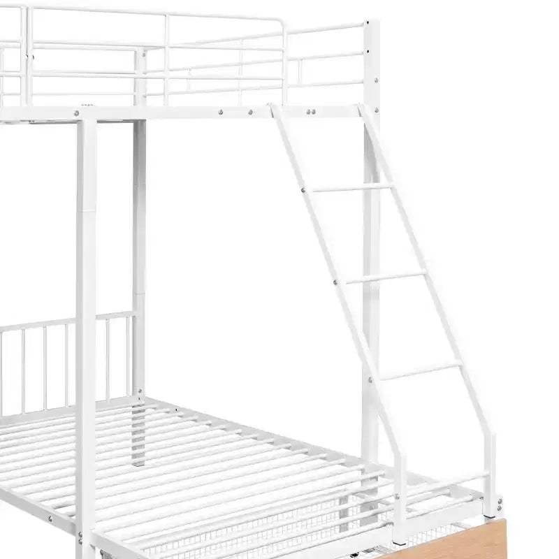 Full over Twin & Twin Bunk Bed Frame for 3 Kids, L Shaped Metal Triple Bunk Bed with Drawers and Guardrails