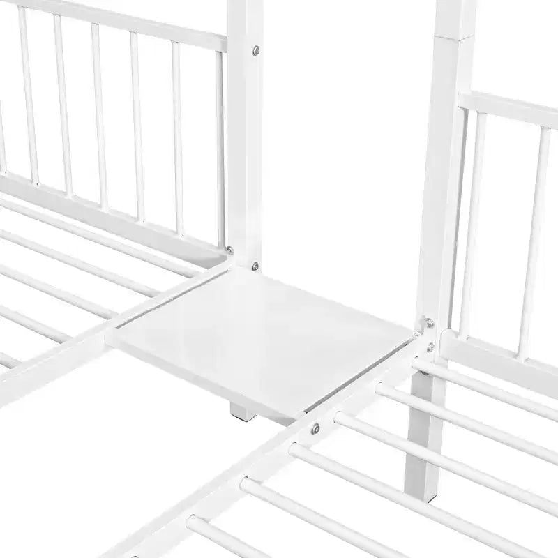 Full over Twin & Twin Bunk Bed Frame for 3 Kids, L Shaped Metal Triple Bunk Bed with Drawers and Guardrails