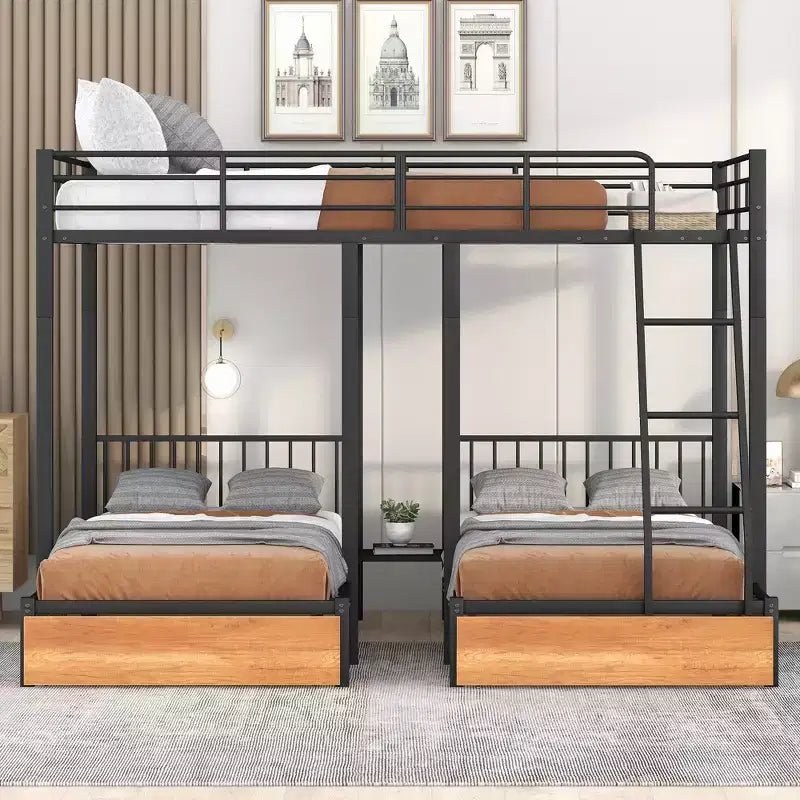 Full over Twin & Twin Bunk Bed Frame for 3 Kids, L Shaped Metal Triple Bunk Bed with Drawers and Guardrails