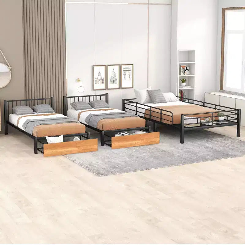 Full over Twin & Twin Bunk Bed Frame for 3 Kids, L Shaped Metal Triple Bunk Bed with Drawers and Guardrails