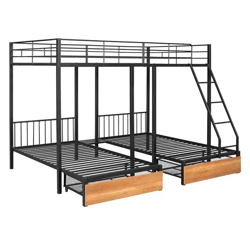 Full over Twin & Twin Bunk Bed Frame for 3 Kids, L Shaped Metal Triple Bunk Bed with Drawers and Guardrails