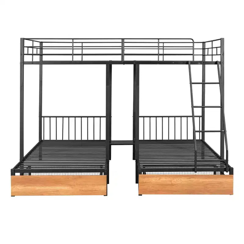 Full over Twin & Twin Bunk Bed Frame for 3 Kids, L Shaped Metal Triple Bunk Bed with Drawers and Guardrails