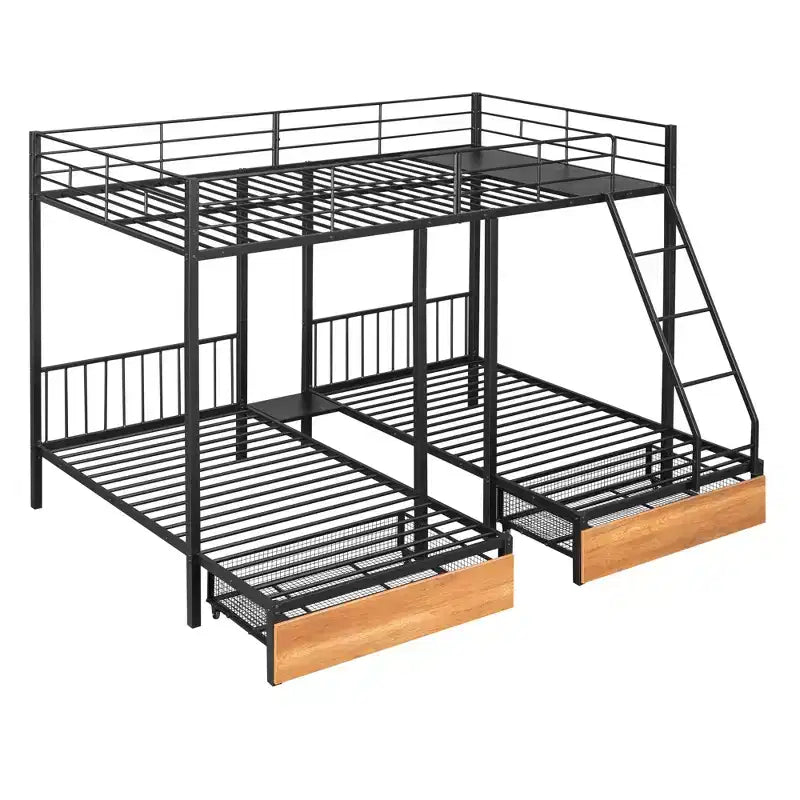Full over Twin & Twin Bunk Bed Frame for 3 Kids, L Shaped Metal Triple Bunk Bed with Drawers and Guardrails