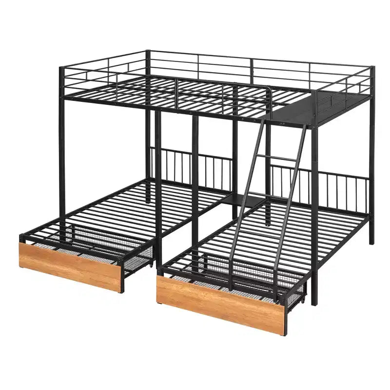 Full over Twin & Twin Bunk Bed Frame for 3 Kids, L Shaped Metal Triple Bunk Bed with Drawers and Guardrails