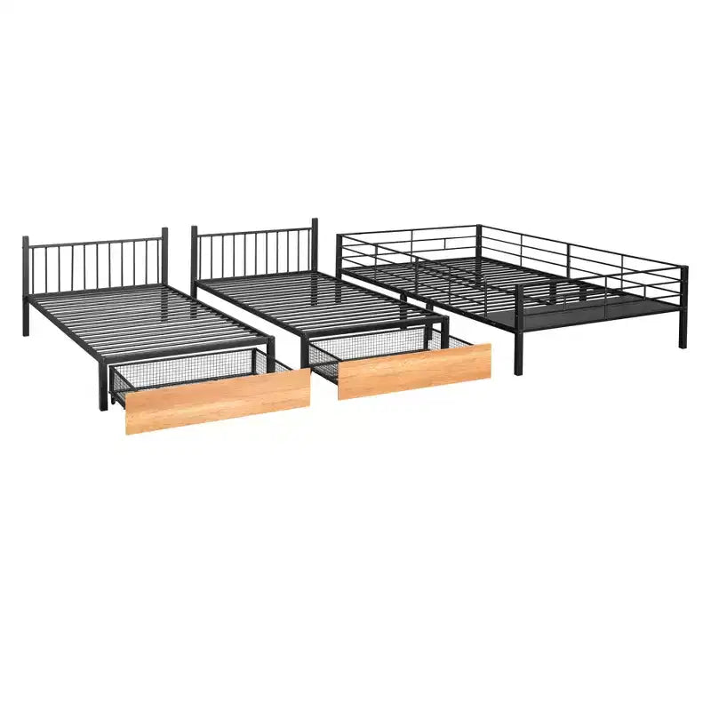 Full over Twin & Twin Bunk Bed Frame for 3 Kids, L Shaped Metal Triple Bunk Bed with Drawers and Guardrails