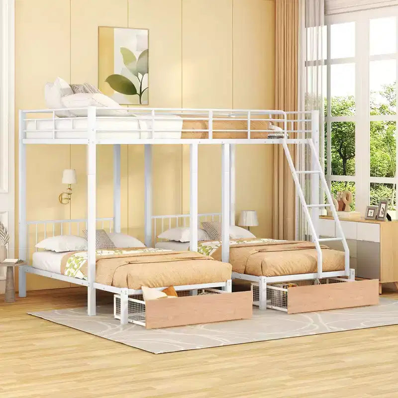 Full over Twin & Twin Bunk Bed Frame for 3 Kids, L Shaped Metal Triple Bunk Bed with Drawers and Guardrails