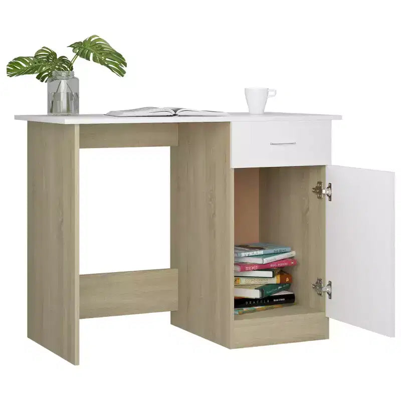 Desk White and Sonoma Oak Engineered Wood Medium Desk