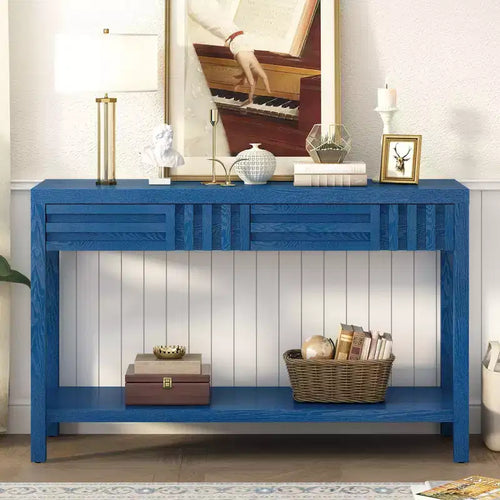 Okak 51.3IN Modern Console Table with Ash Veneer and Striped Design, Entryway Table with 2 Drawers, Hallway Table for Living Room, Foyer, Navy Blue