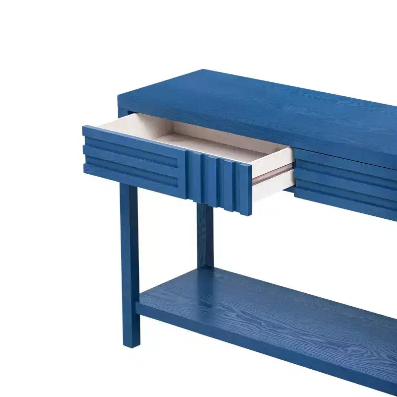 Okak 51.3IN Modern Console Table with Ash Veneer and Striped Design, Entryway Table with 2 Drawers, Hallway Table for Living Room, Foyer, Navy Blue