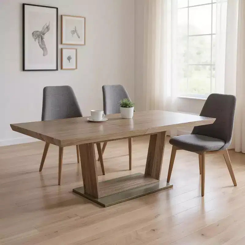 HomeRoots 71 Gray Wood and Metal Self-Storing Leaf Pedestal Base Extendable Dining Table