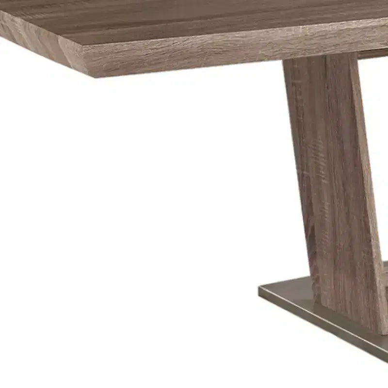 HomeRoots 71 Gray Wood and Metal Self-Storing Leaf Pedestal Base Extendable Dining Table
