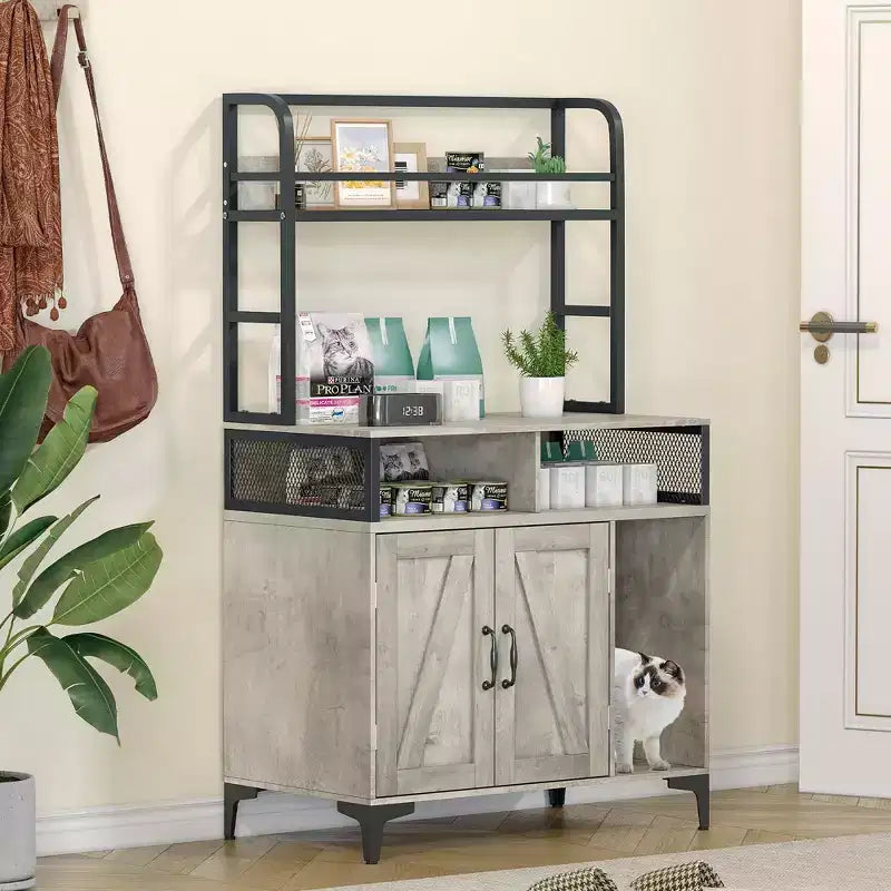 Cat Litter Box Enclosure with Shelves, Large Hidden Litter Box Furniture with Storage Compartments for Indoor Cats