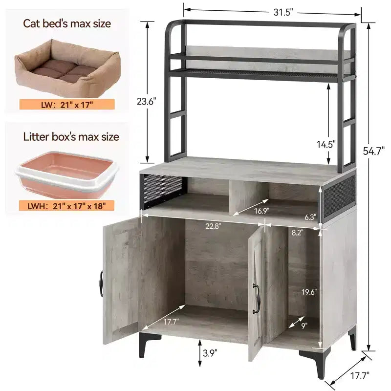 Cat Litter Box Enclosure with Shelves, Large Hidden Litter Box Furniture with Storage Compartments for Indoor Cats