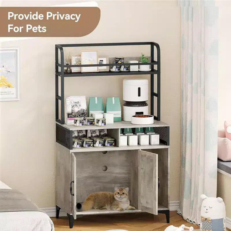 Cat Litter Box Enclosure with Shelves, Large Hidden Litter Box Furniture with Storage Compartments for Indoor Cats