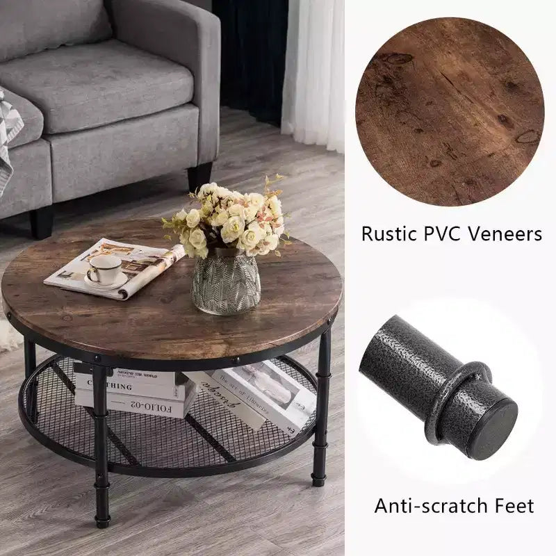 VINGLI Round Coffee Tables Living Room, 31.5 Wooden Coffee Table with Storage