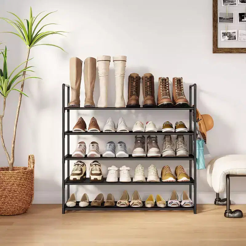 Anycoo 5-Tier Extra Wide Shoe Rack with Hooks, Metal Shoe Organizer Holds 20-25 Pairs, Stackable Storage Shelf for Entryway, Closet, Bathroom, Black