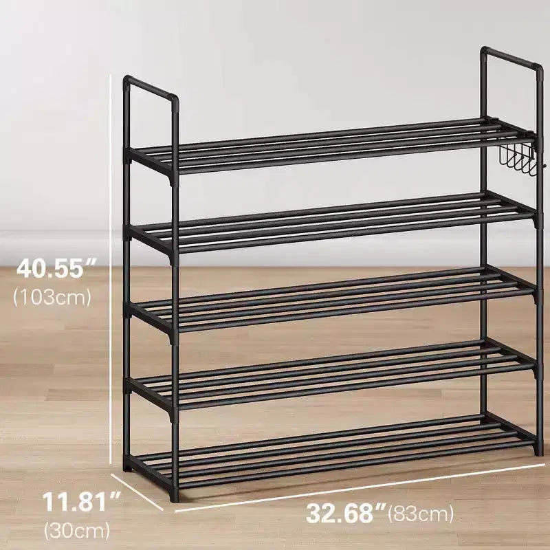 Anycoo 5-Tier Extra Wide Shoe Rack with Hooks, Metal Shoe Organizer Holds 20-25 Pairs, Stackable Storage Shelf for Entryway, Closet, Bathroom, Black