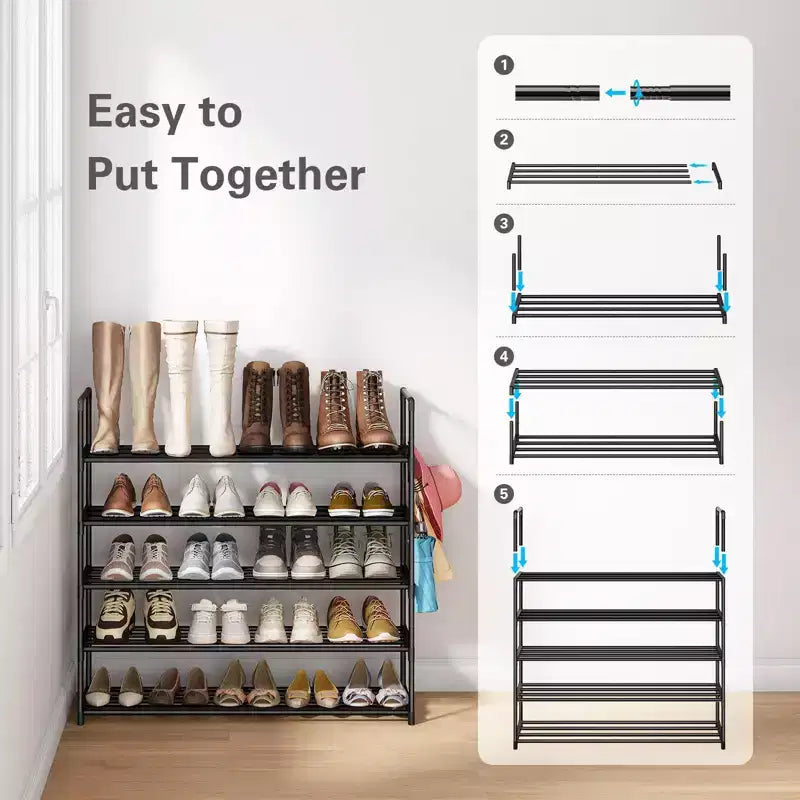 Anycoo 5-Tier Extra Wide Shoe Rack with Hooks, Metal Shoe Organizer Holds 20-25 Pairs, Stackable Storage Shelf for Entryway, Closet, Bathroom, Black