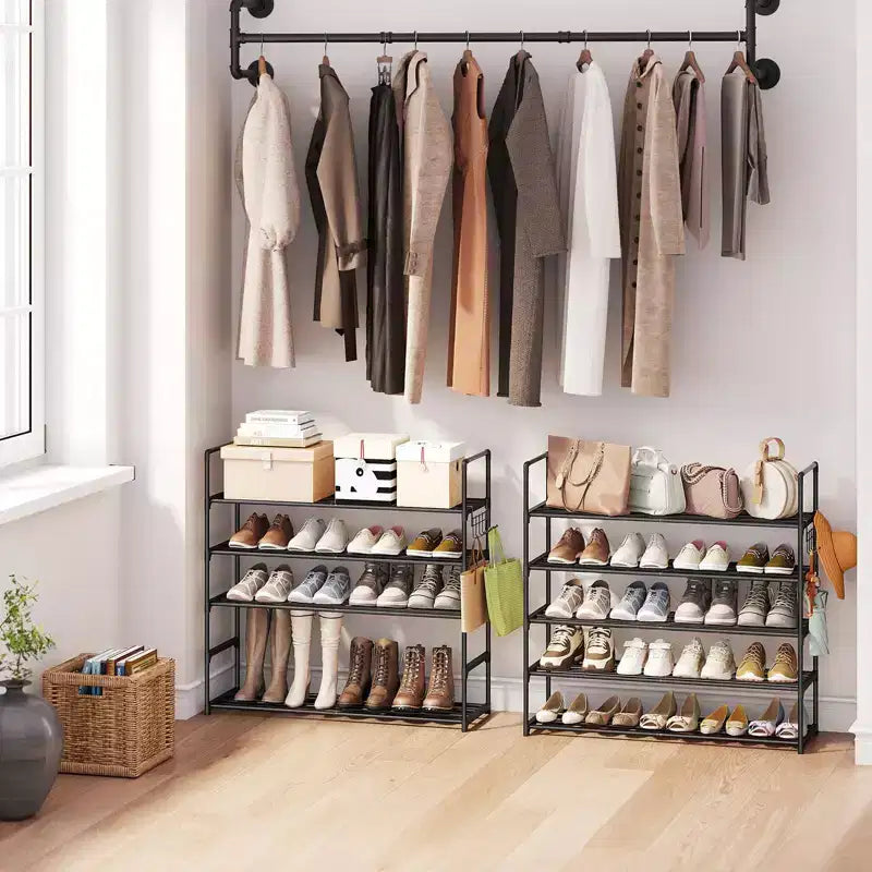 Anycoo 5-Tier Extra Wide Shoe Rack with Hooks, Metal Shoe Organizer Holds 20-25 Pairs, Stackable Storage Shelf for Entryway, Closet, Bathroom, Black