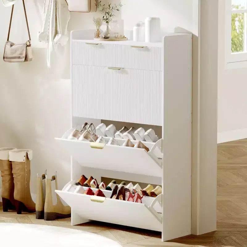 Brafab Shoe Storage Cabinet with 3 Flip Drawers&2 Small Drawer, Slim Entryway Shoe Organizer with Fluted Panel Doors for Sneakers