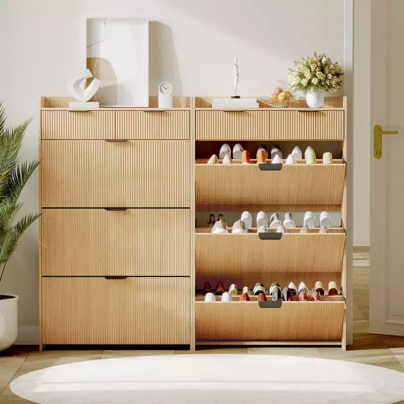 Brafab Shoe Storage Cabinet with 3 Flip Drawers&2 Small Drawer, Slim Entryway Shoe Organizer with Fluted Panel Doors for Sneakers