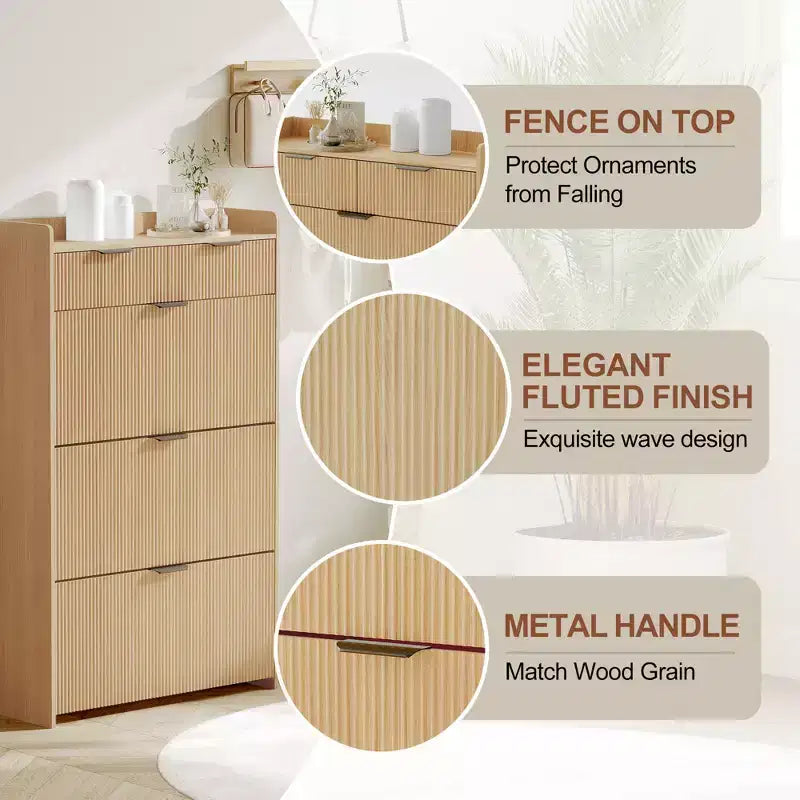 Brafab Shoe Storage Cabinet with 3 Flip Drawers&2 Small Drawer, Slim Entryway Shoe Organizer with Fluted Panel Doors for Sneakers