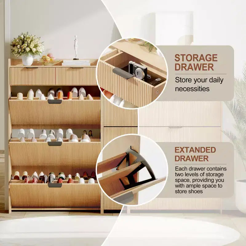 Brafab Shoe Storage Cabinet with 3 Flip Drawers&2 Small Drawer, Slim Entryway Shoe Organizer with Fluted Panel Doors for Sneakers