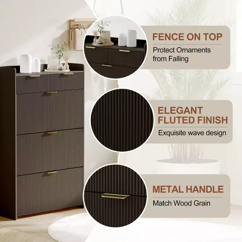 Brafab Shoe Storage Cabinet with 3 Flip Drawers&2 Small Drawer, Slim Entryway Shoe Organizer with Fluted Panel Doors for Sneakers