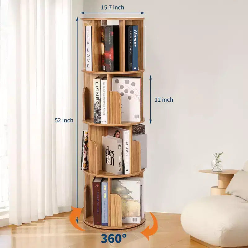 Wooden Rotating Bookshelf, 4Tier 360 Display Floor-Standing Bookcase, Multi-Functional Storage Organizer for Living Room, Bedroom