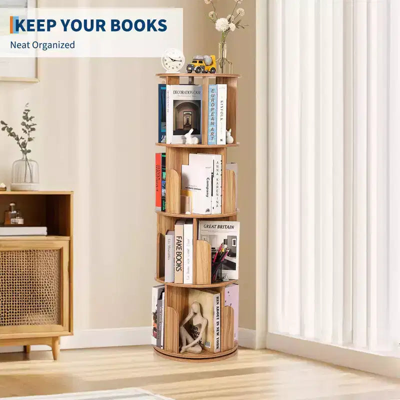 Wooden Rotating Bookshelf, 4Tier 360 Display Floor-Standing Bookcase, Multi-Functional Storage Organizer for Living Room, Bedroom