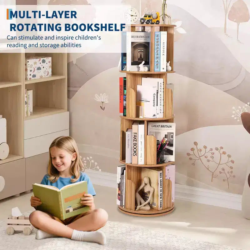Wooden Rotating Bookshelf, 4Tier 360 Display Floor-Standing Bookcase, Multi-Functional Storage Organizer for Living Room, Bedroom